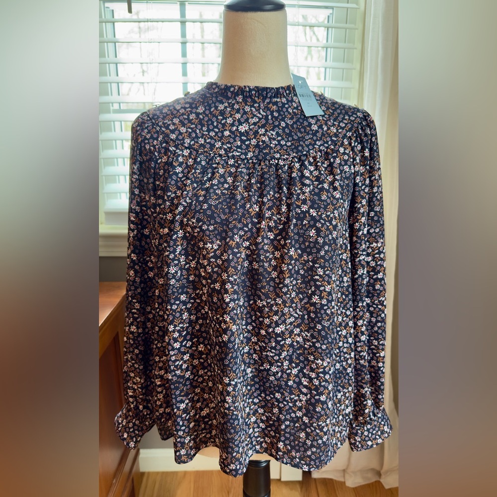 LOFT Navy Floral Ruffled Yoke Long-Sleeve Blouse
